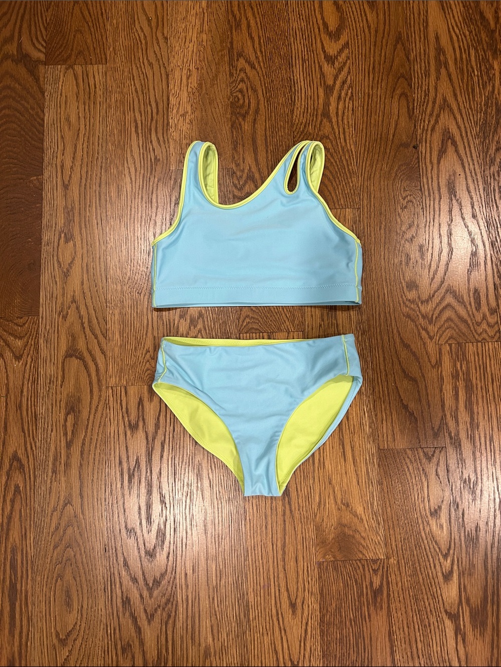 Athleta Girl Size 14 Kids Two-Piece Reversible Light Blue and Lemon Swim Set